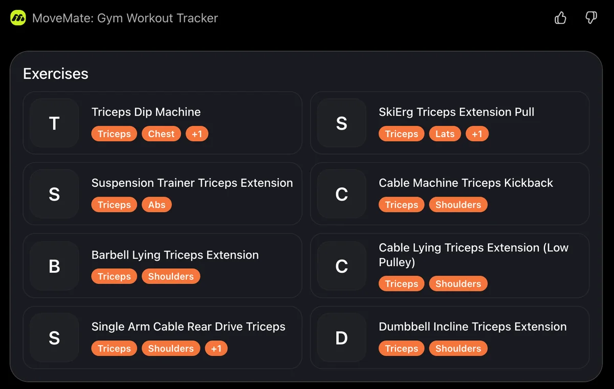Triceps exercises from the MoveMate library shown in ChatGPT, each tagged with the muscles it works