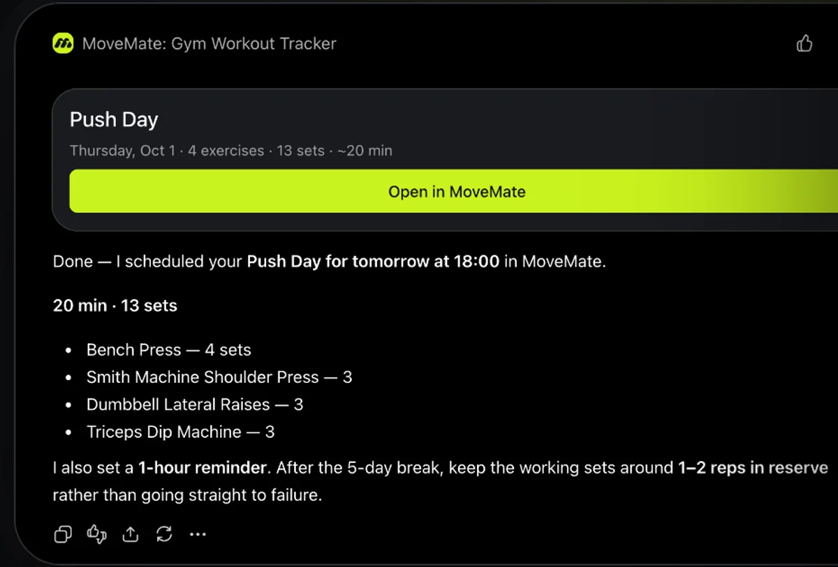 Push Day scheduled from ChatGPT with an Open in MoveMate button
