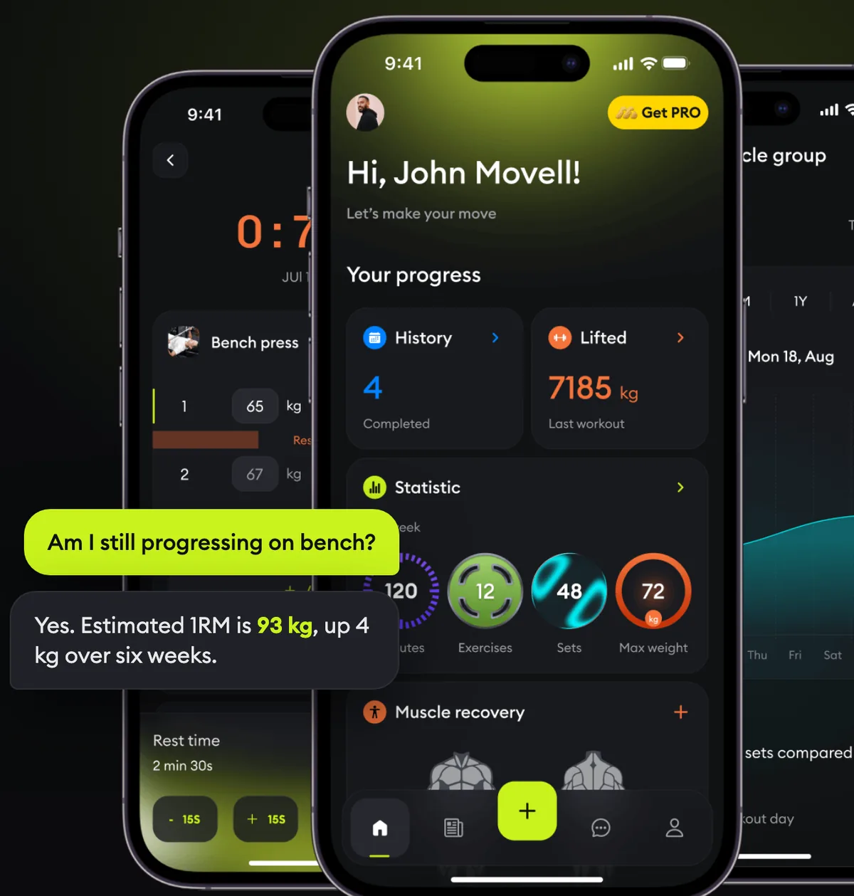 MoveMate app screens with a ChatGPT answer: estimated bench press 1RM 93 kg, up 4 kg over six weeks